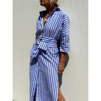 Fashion Trend Stripe Shirts Dresses Women Lapel Half Sleeves Single Breasted Belt Loose Slit Dress Spring Lady Commuting Vestido