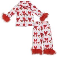 Toddler Baby Girl Christmas Pajamas Sets Children Fur Bows Santa Print Lapel Neck Button-up Tops Long Pants Loungewear Clothes
