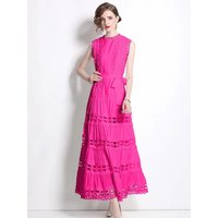 Summer Lace Spliced Embroidery Lace Up Belt Evening Robe Dress Women's Sleeveless Hollow Out Solid Long Wedding Party Clothing