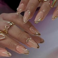 3D fake nails for women gilrs nude almond nail art tips french golden frame rhinestones design full cover press on false nails