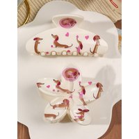 2Pcs Cute Pink Dachshund Heart Print Hair Claw Clips For Women Flower and Large Half-Circle Fashion Hair Accessories Shark Clips
