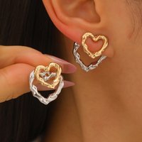 2026 New Gold Silver Color Heart Splice Stud Earrings for Women Fashion Metal Double Layer Heart Geometric Earrings Jewelry