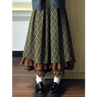 Vintage Kawaii Mori Girl Style Autumn Winter Plaid Ruffled Maxi Skirt Korean Fashion High-Waisted A-Line Long Skirts for Women