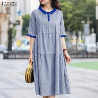 2026 Fashion Summer Dress ZANZEA Women Lapel Neck Work Sundress Casual Short Sleeve Plaid Patchwork Midi Robe Holiday Dresses