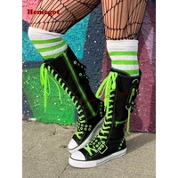 Patchwork Platform Height Increasing Knee High Boots Cross Tied White Black Canvas Boots Side Zipper Lace-Up Chain Shoes Sexy