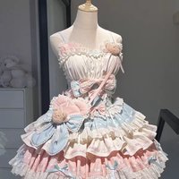 Harajuku Lolita Sweet Dress Bow Decoration Layered Skirt Lace Trim Corset Design Japanese Sweet Subculture Daily Party Dress