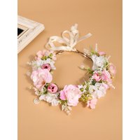Simulated Rose Flower Garland Headpiece - Bohemian Style Adjustable Ribbon Hairband - Suitable for Bridesmaids, Weddings, Portraits