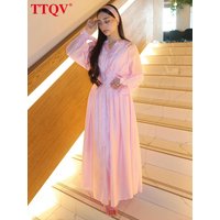 TTQV Fashion Loose Pink Women's Dress 2026 Autumn V-Neck Long Sleeve Ankle Length Dresses Elegant Classic Pleated Female Dress