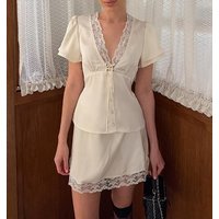 Two Piece Set Women Outfit 2026 Spring Summer New Solid Color Lace Patchwork V-Neck Short Sleeve Top & Casual Mini Skirt Set