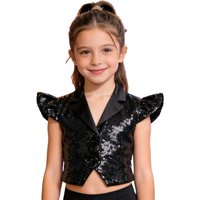 Children Girls Fly Sleeve Lapel Shiny Sequin Vest Latin Jazz Dance School Choir Waistcoat Carnival Dancing Party Crop Tank Top