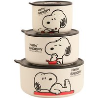 Snoopy Authentic Preservation Bowl Gift Set of Three Pieces Kawaii Cartoon Seal with Lid High End Ceramic Gift Office Workers