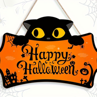 Black Cat Shaped Happy Halloween Wooden Hanging Sign Pumpkin Bat Spider Castle Print Front Door Plaque for Halloween Porch Decor