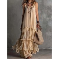 Women's Summer Bohemian Sleeveless Chic Maxi Dress Holiday O-Neck Fashion Simple Party Dress 2026 Solid Elegant Streetwear Dress
