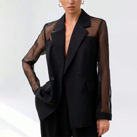 Women High Street Blazer Translucent Cuff Splicing Slim Blazer 2026 Spring Autumn Fashion Modern Girls Bussines Casual Blazer