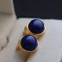 Natural Lapis Lazuli Earrings Women's Sterling Silver Earrings Blue Retro Round Big Stud Earrings Senior Temperament Simple