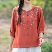 Cotton and Linen Short-sleeved Round Neck Shirt Women in Summer New Retro Literary Loose Versatile Age-reducing embroidery Top
