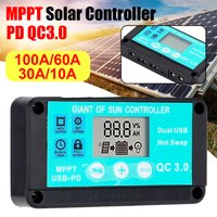 MPPT Solar Charge Controller 10-100A 12V/24V Multiple Protection Solar Regulator LCD Screen Fast Charging 3.0 Battery Charger
