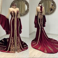 Customized Burgundy Velvet Henna Caftan Evening Formal Dresses with Ruffles Long Sleeve Lace Applique Beaded Moroccan Prom Gowns