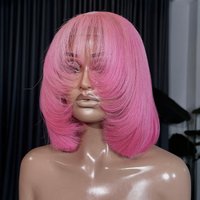 AIMEYA Pink Short BOB Wig with Bangs 12Inches Layered Lace Front Wigs for Women Heat Resistant Synthetic Hair Natural Hairline
