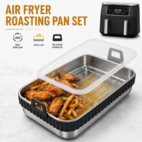 Stainless Steel Air Fryer Roasting Pan Set With Rack And Lid Silicone Handle Baking Tray For Healthy Cooking Food Storage