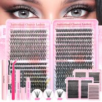 160/640/720pcs DIY Eyelash Extension Kit - False Lashes with Glue, Bond & Applicator, Pre-Made Clusters (10-18mm) for Volume