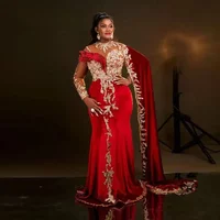 Dubai Sweep Train Party Dress Robe De Soiree Saudi Arabic Sparkly Red Evening Gowns Aso Ebi Cap Style Mermaid Prom Dresses