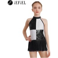 Girls Sequins Modern Jazz Latin Samba Stage Costume Halter Tank Leotard Tassel Dress School Ballroom Dancewear