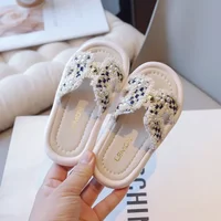 Children Slippers Summer Kids Chic Checkered Princess Sandals with Simple Pearl Sweet Fashion Elegant Slippers for Kids Outdoor