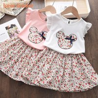 Bear Leader – ensemble de vêtements d'été pour filles, 2 pièces, motif Floral, dessin animé, manches à volants, haut et jupe, tenues décontractées, Boutique pour filles