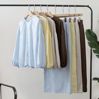 Women 2026 Summer Cotton Linen Two Piece Set Puff Sleeve Button Down Blouse High Waist Straight Skirt Casual Co-ord Set