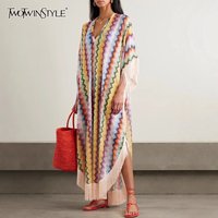 TWOTWINSTYLE Vacation Boho Shawl Style Dresses for Women V Neck Long Sleeve Spliced Tassel Colorful Printing Loose Dress Female