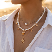 Bohemian Gold Color Starfish Conch Pendant Necklace For Women Imitation Pearl Beads Clavicle Choker Summer Beach Party Jewelry
