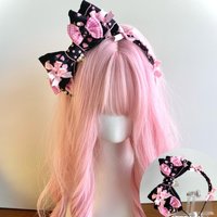 Black & Pink Bow 3D Headband KC Polka Dot Heart Plaid Dogtooth Headpiece Lace Handmade Patchwork Lolita KC Hair Accessory