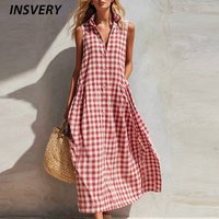 Retro Plaid Printed Sleeveless V Neck Beach Holiday Dress Women Plaid Printed Pocket Maxi Dresses Women Casual Long Dress Red