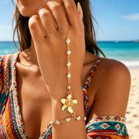 Elegant Faux Pearl Flower Finger Hand Chain Bracelet Adjustable Dainty Boho Summer Beach Bridal Jewelry for Women