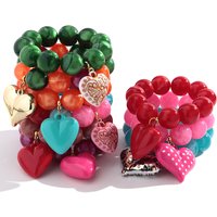 Boho Colorful Round Beads Heart Pendant Elastic Bracelets Fashion Geometric Beaded Bangle Bracelet Women Jewelry Gifts