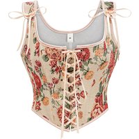 Sexy Beige Corset for Women Vintage Cute Red Floral Print Bustier Corsets Waist Trainer Summer Elegant Lace-up Camisole Shaper