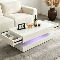 AINPECCA White Coffee Table High Gloss Coffee Table with Led Light with 2 Storage Drawers for Living Room Centre Table Side