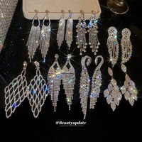Elegant Silver Needle Diamond Encrusted Leaf Tassels European American Minimalist Style Exaggerated Earrings Light Luxury