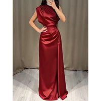 Elegant High Waist Pleated Maxi Dress for Women Sleeveless Straight Satin LongCrew Neck Party Gown Solid Color Spring Summer