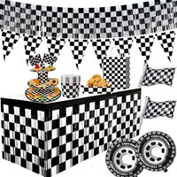 Race Car Checkered Flag Party Supplies Black White Checker Tablecloth Pennant Tire Foil Balloon Boys Birthday Racing Theme Decor