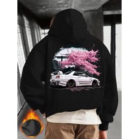 Men's Black Hoodie with White JDM Car and Pink Cherry Blossom Back Print, Japanese Street Style Pullover