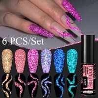 LILYCUTE 6Pcs Reflective Glitter Nail Art Liner Gel Colorful Nail Kit Sparkling Painting Gel Nail Polish Semi Permanent UV Gel