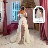 SoDigne A-line Wedding Dresses Off Shoulder Long Sleeve Satin/Lace Bridal Dress Elegant Bride Gown vestidos de novia customized