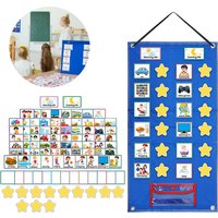 Standing Foldable Visual Schedule Chart for Kids Home School Wall Hanging with 72 Preprinted Cards 12 Star Cards Dry Erase Pen