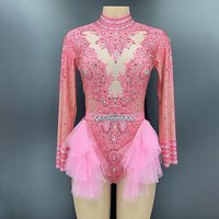 Women Elastic Pink Mesh Ruffles Crystal Leotard Nightclub Dancer Costume Sparkly Rhinestones Bodysuit Stage Wear Party Outfit