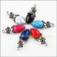 Fashion 12Pcs Tibetan Silver Plated Mixed Flower Stone Teardrop Charms Pendants 13.5x29mm