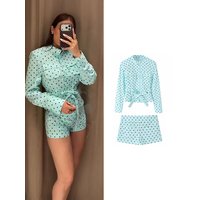 TFMLN 2026 Women's Shorts 2 Piece Set High Neck Long Sleeve Belt Jackets Mini Short Pants Elegant Polka Dot Summer New Outfits
