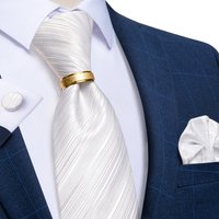 Solid White Elegant Silk Ties for Men Striped Wedding Business Men Accessories Necktie Pocket Square Cufflinks Cravat Gift