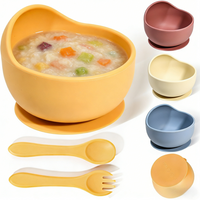 BPA Free Silicone Baby Feeding Bowl Set Solid Color Waterproof Kids Feeding Bowl with Training Spoon Fork Infant Tableware Set